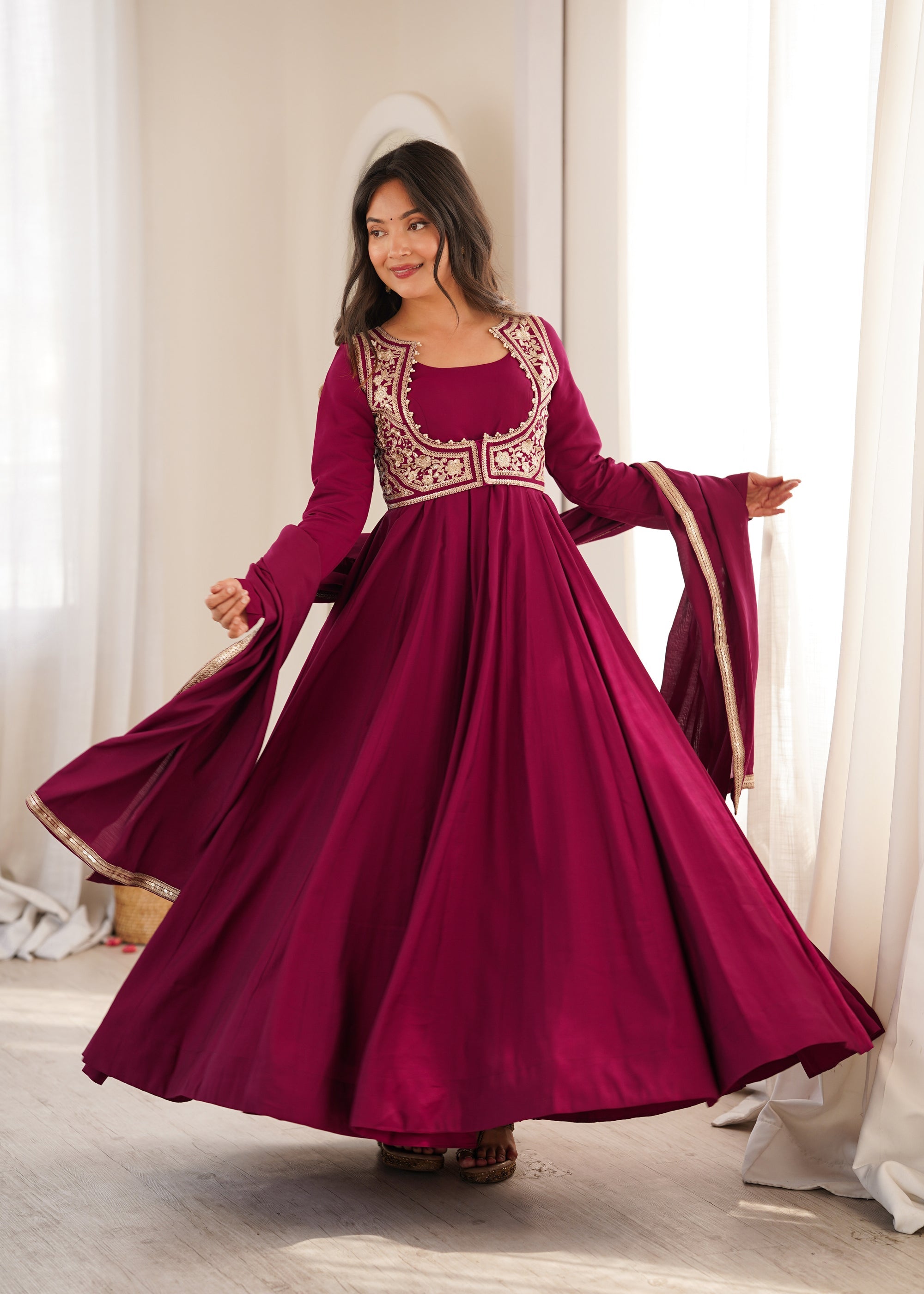 Lorenvalley Fashion Dark Rani Pink Roman Chanderi Silk 16 Kali Anarkali Gown with Jacket Pants with Dupatta | Grocsy