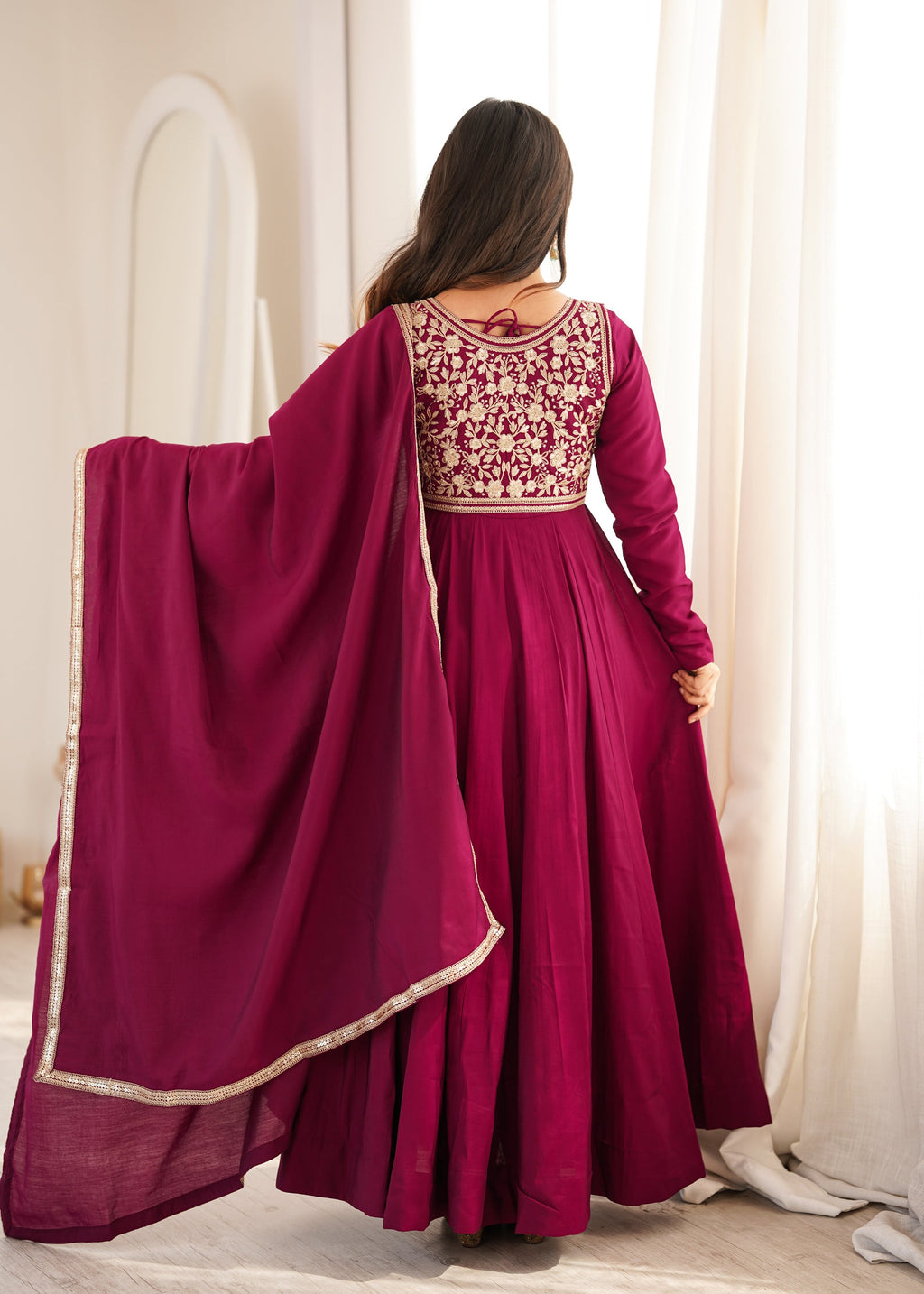 Lorenvalley Fashion Dark Rani Pink Roman Chanderi Silk 16 Kali Anarkali Gown with Jacket Pants with Dupatta | Grocsy