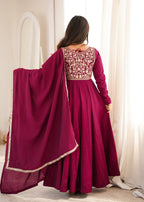 Lorenvalley Fashion Dark Rani Pink Roman Chanderi Silk 16 Kali Anarkali Gown with Jacket Pants with Dupatta | Grocsy