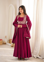 Lorenvalley Fashion Dark Rani Pink Roman Chanderi Silk 16 Kali Anarkali Gown with Jacket Pants with Dupatta | Grocsy