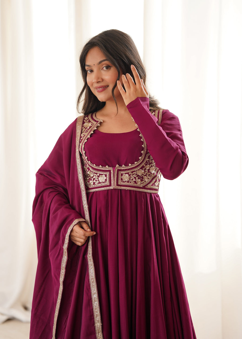 Lorenvalley Fashion Dark Rani Pink Roman Chanderi Silk 16 Kali Anarkali Gown with Jacket Pants with Dupatta | Grocsy