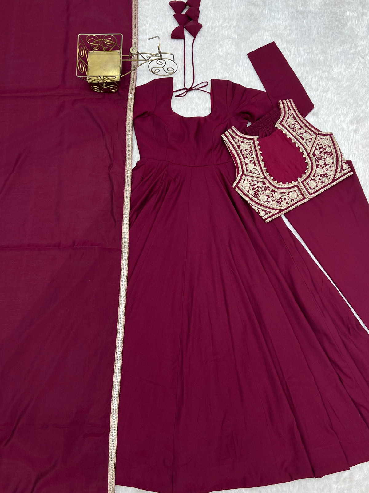 Lorenvalley Fashion Dark Rani Pink Roman Chanderi Silk 16 Kali Anarkali Gown with Jacket Pants with Dupatta | Grocsy