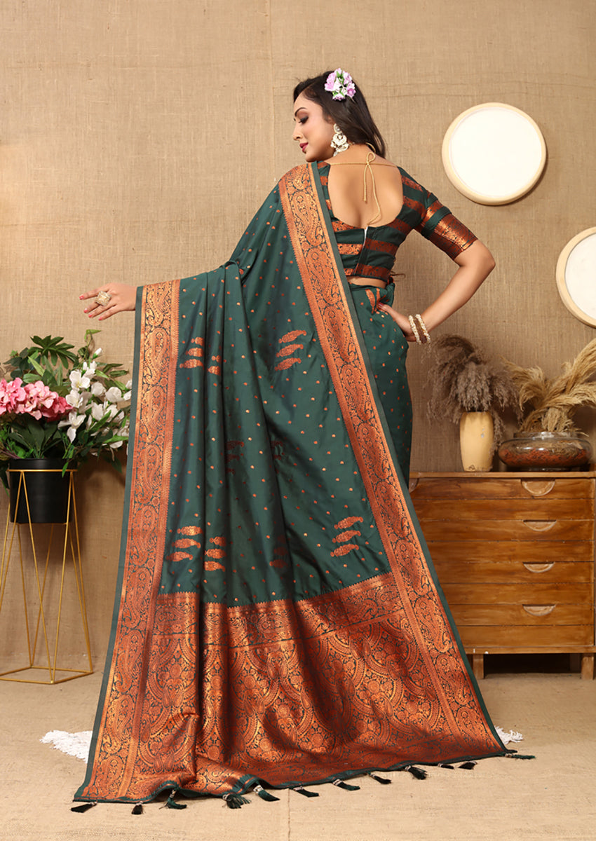 Lorenvalley Fashion Darkgreen Soft Silk Copper Zari weaving Design Saree | Grocsy