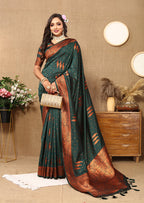 Lorenvalley Fashion Darkgreen Soft Silk Copper Zari weaving Design Saree | Grocsy