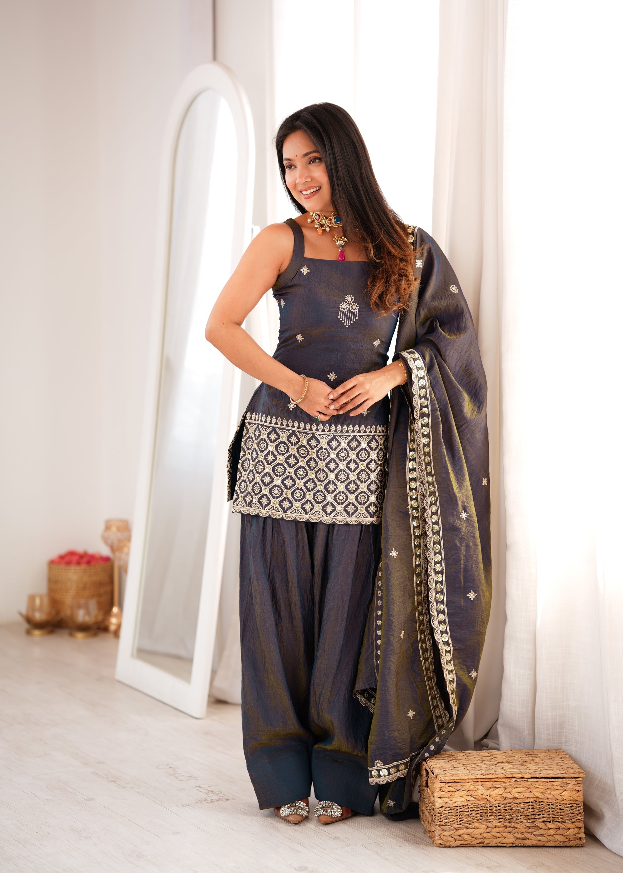 Lorenvalley Fashion Dark Grey NC Vichitra Silk Fabric With Embroidery Sequence Dori And Jari Work Kurta Farshi Salwar with Dupatta | Grocsy