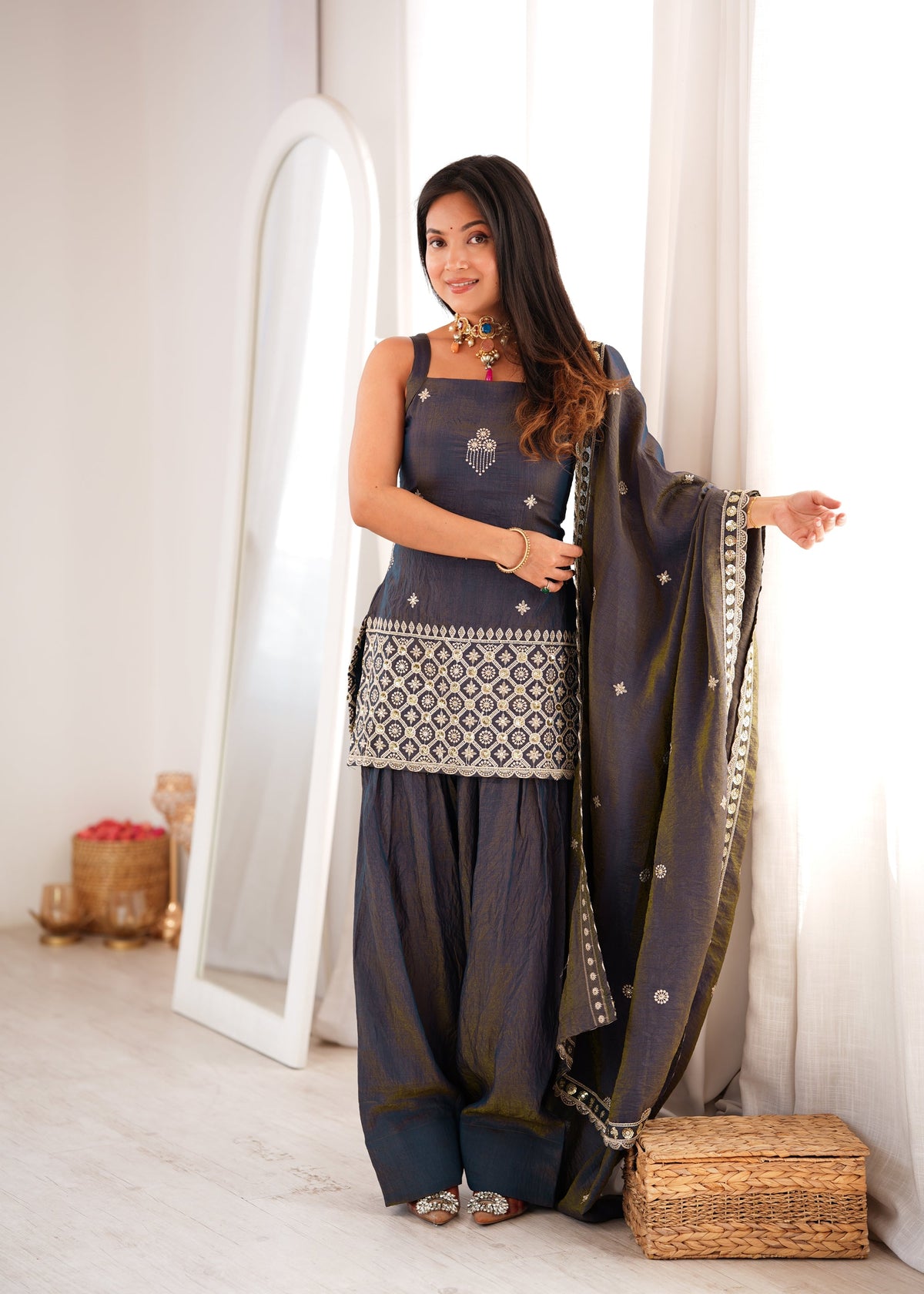 Lorenvalley Fashion Dark Grey NC Vichitra Silk Fabric With Embroidery Sequence Dori And Jari Work Kurta Farshi Salwar with Dupatta | Grocsy