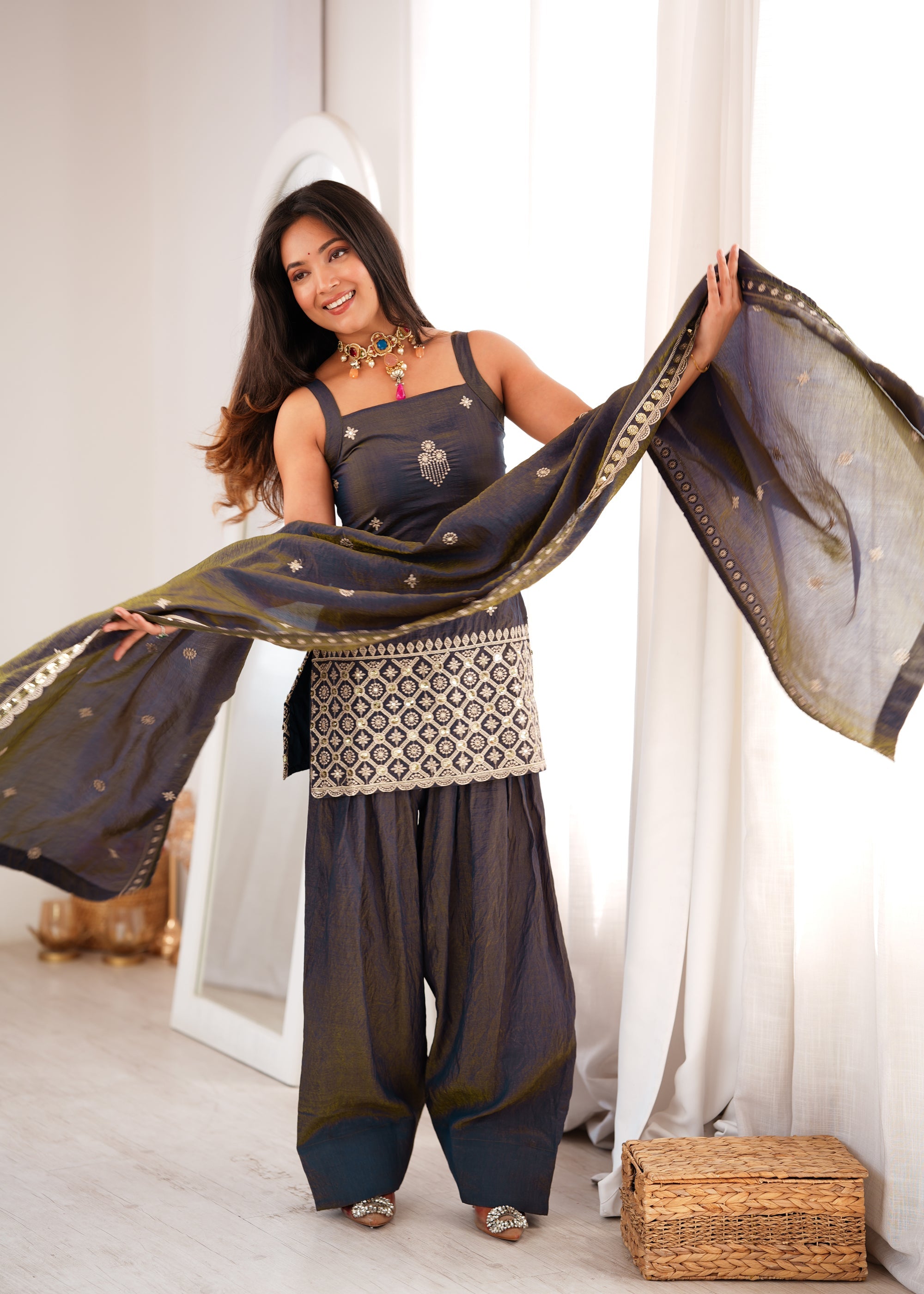 Lorenvalley Fashion Dark Grey NC Vichitra Silk Fabric With Embroidery Sequence Dori And Jari Work Kurta Farshi Salwar with Dupatta | Grocsy