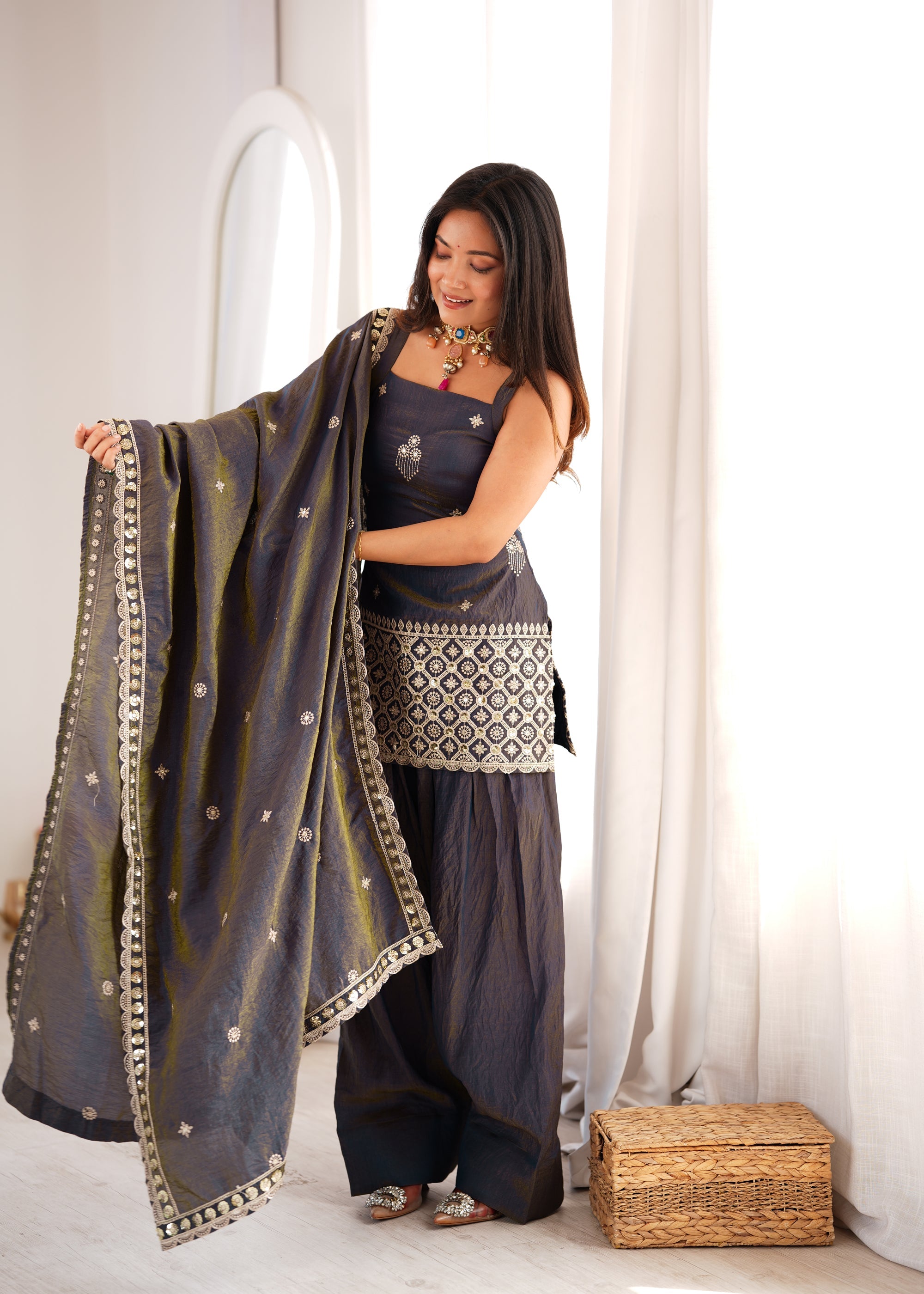 Lorenvalley Fashion Dark Grey NC Vichitra Silk Fabric With Embroidery Sequence Dori And Jari Work Kurta Farshi Salwar with Dupatta | Grocsy