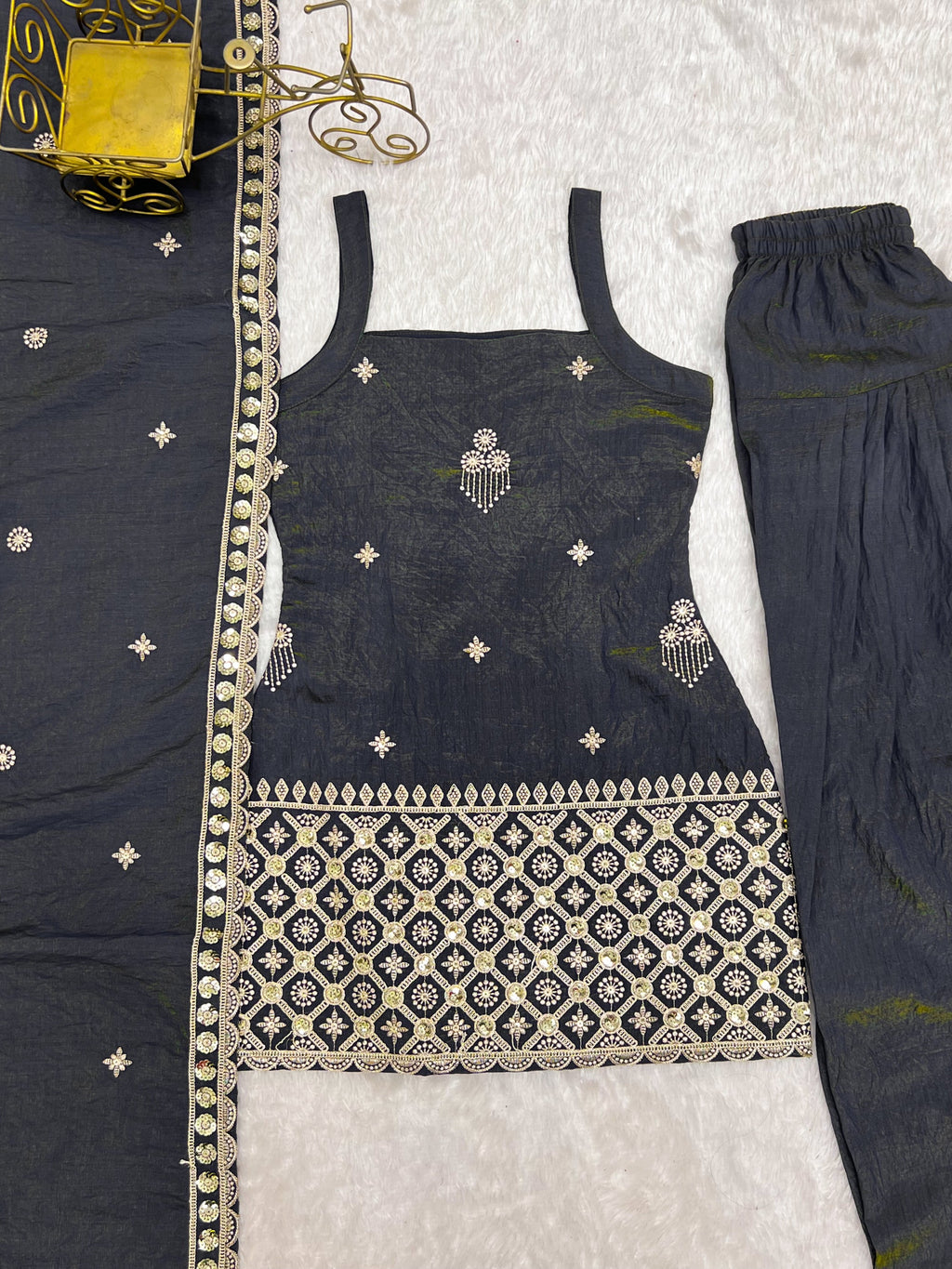 Lorenvalley Fashion Dark Grey NC Vichitra Silk Fabric With Embroidery Sequence Dori And Jari Work Kurta Farshi Salwar with Dupatta | Grocsy
