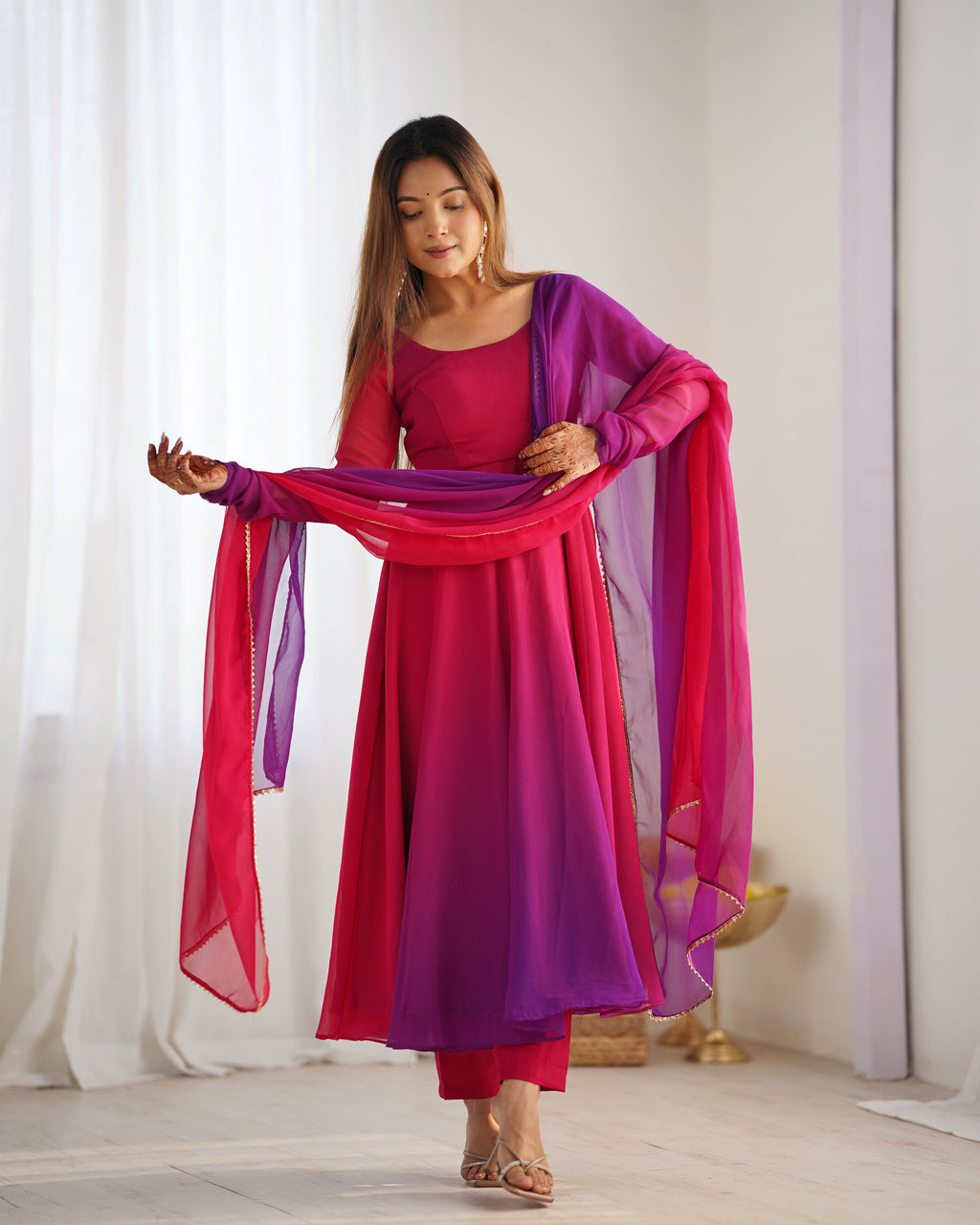 Lorenvalley Women Pure Soft Faux Georgette Colorful Padding Anarkali Kurta Pant With Dupatta Set - Darkpink | Grocsy