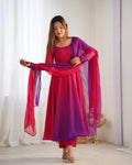 Lorenvalley Women Pure Soft Faux Georgette Colorful Padding Anarkali Kurta Pant With Dupatta Set - Darkpink | Grocsy