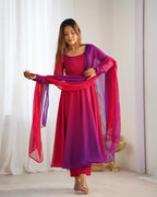Lorenvalley Women Pure Soft Faux Georgette Colorful Padding Anarkali Kurta Pant With Dupatta Set - Darkpink | Grocsy