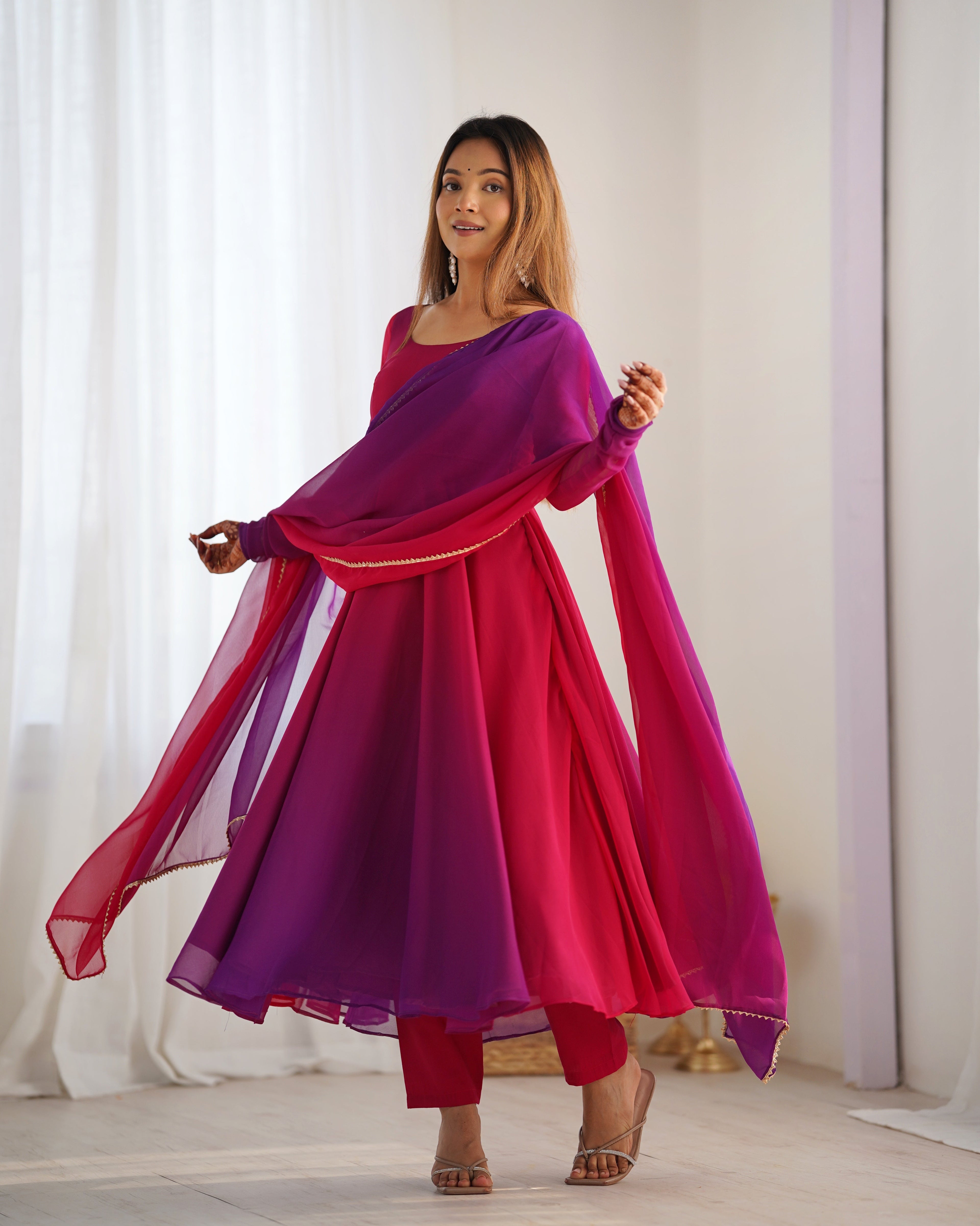 Evanik Pink Pure Soft Georgette Colorful Padding Anarkali Suit | Grocsy