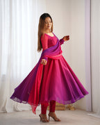 Lorenvalley Women Pure Soft Faux Georgette Colorful Padding Anarkali Kurta Pant With Dupatta Set - Darkpink | Grocsy