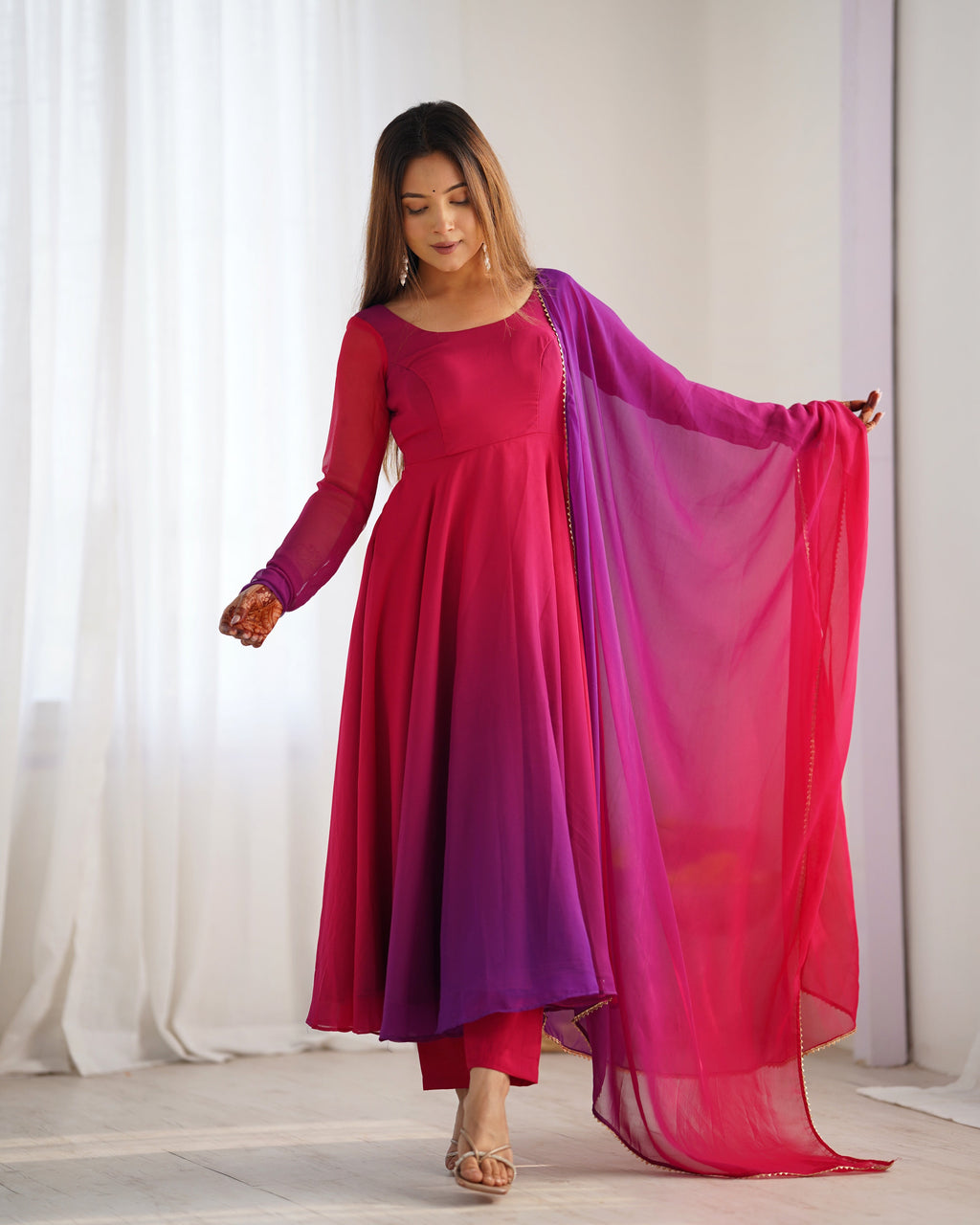 Lorenvalley Women Pure Soft Faux Georgette Colorful Padding Anarkali Kurta Pant With Dupatta Set - Darkpink | Grocsy