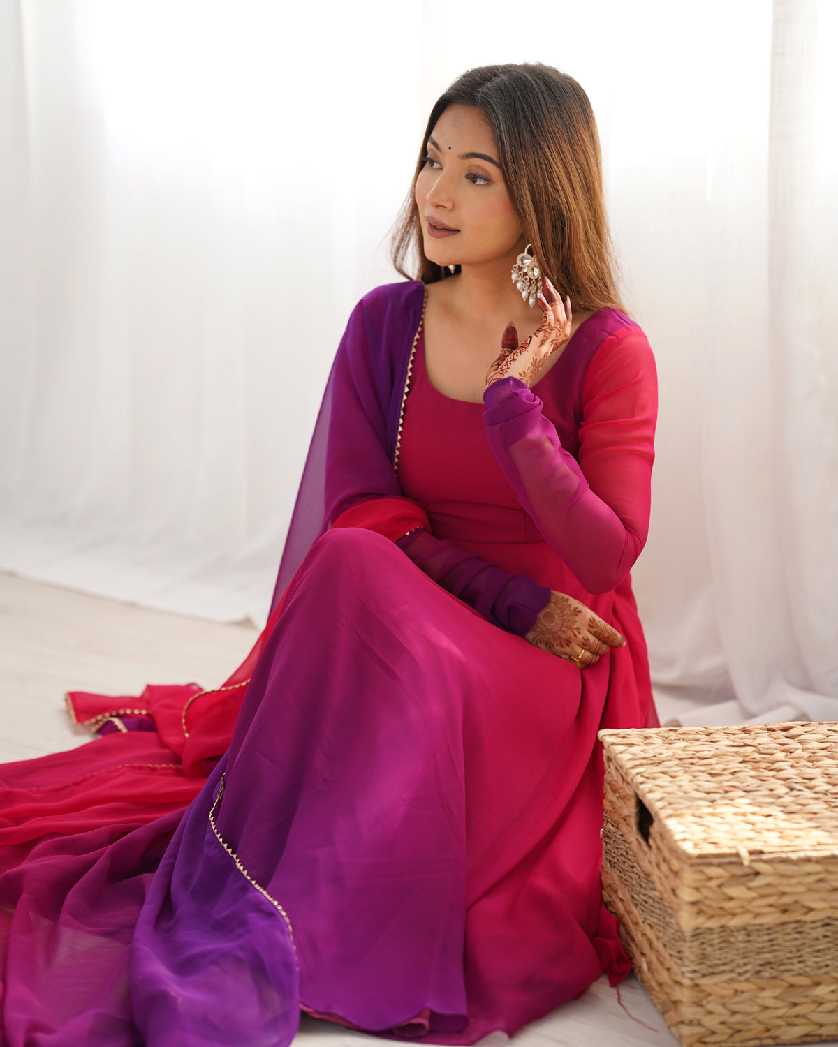 Lorenvalley Women Pure Soft Faux Georgette Colorful Padding Anarkali Kurta Pant With Dupatta Set - Darkpink | Grocsy