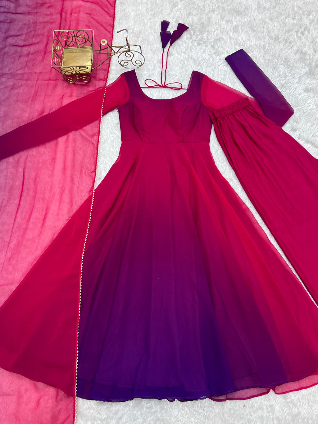 Lorenvalley Women Pure Soft Faux Georgette Colorful Padding Anarkali Kurta Pant With Dupatta Set - Darkpink | Grocsy