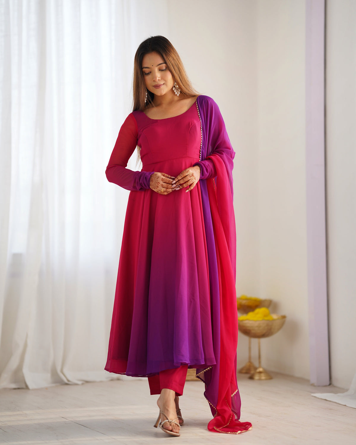 Evanik Pink Pure Soft Georgette Colorful Padding Anarkali Suit | Grocsy