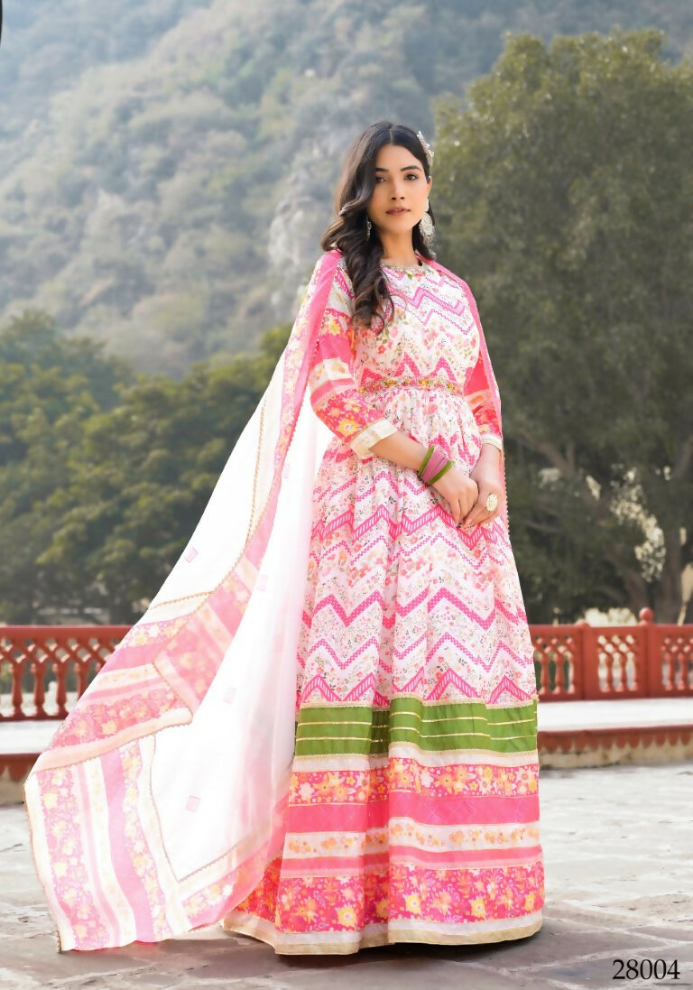 Wedding Designer Multi Soft Dola Silk Anarkali suit with Dupatta - Sanj | Grocsy