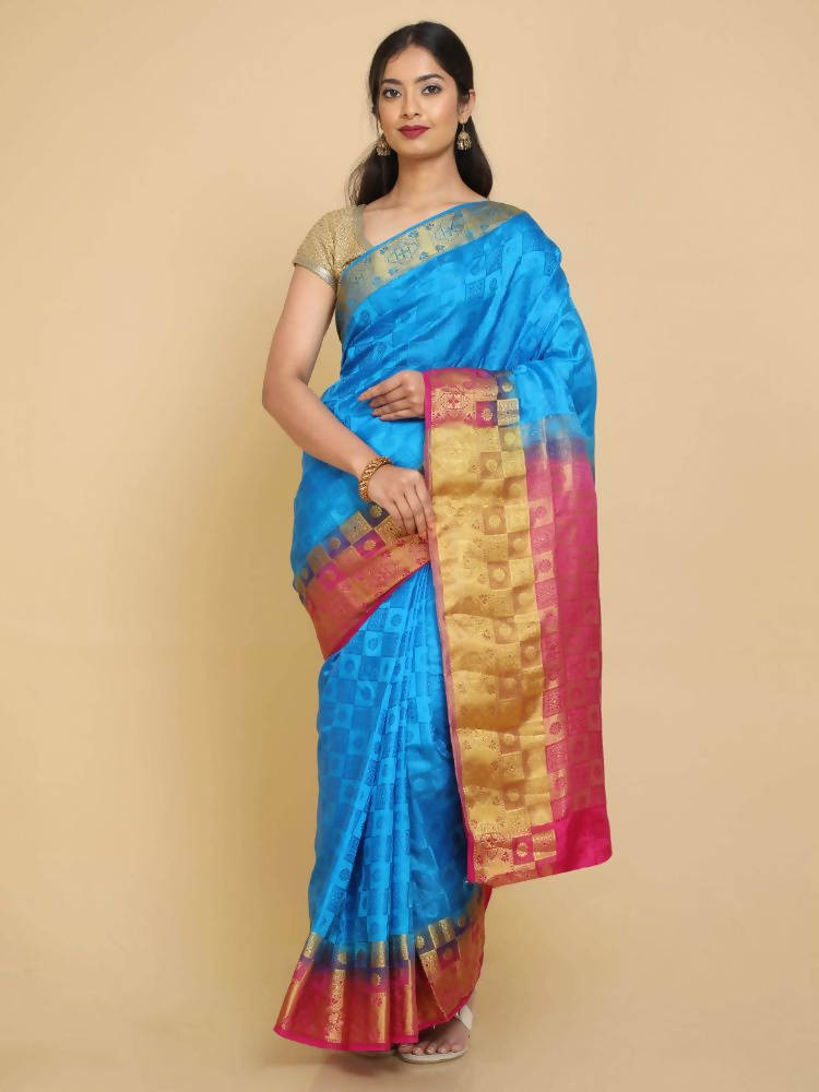 Kalamandir Checked Dark Blue Pashmina Saree | Grocsy