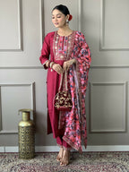 Partywear Designer Viscos Chanderi Maroon Stitched Suit With Dupatta - Tanisha | Grocsy
