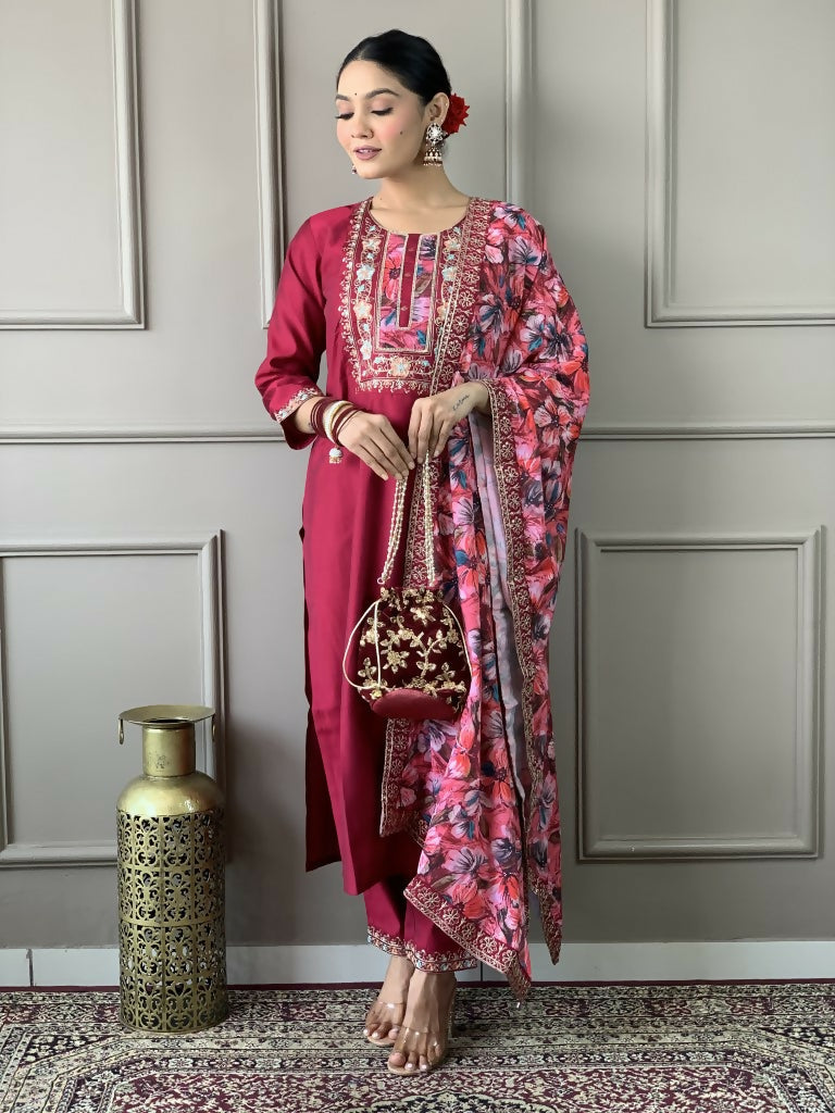 Partywear Designer Viscos Chanderi Maroon Stitched Suit With Dupatta - Tanisha | Grocsy