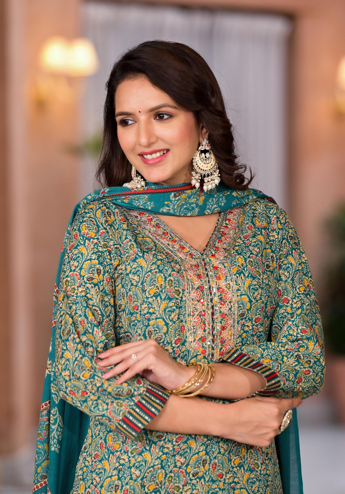 Juniper Women's Rama Green Cotton Ethnic Motif Printed Kurta Set With Sequins & Thread Work | Grocsy