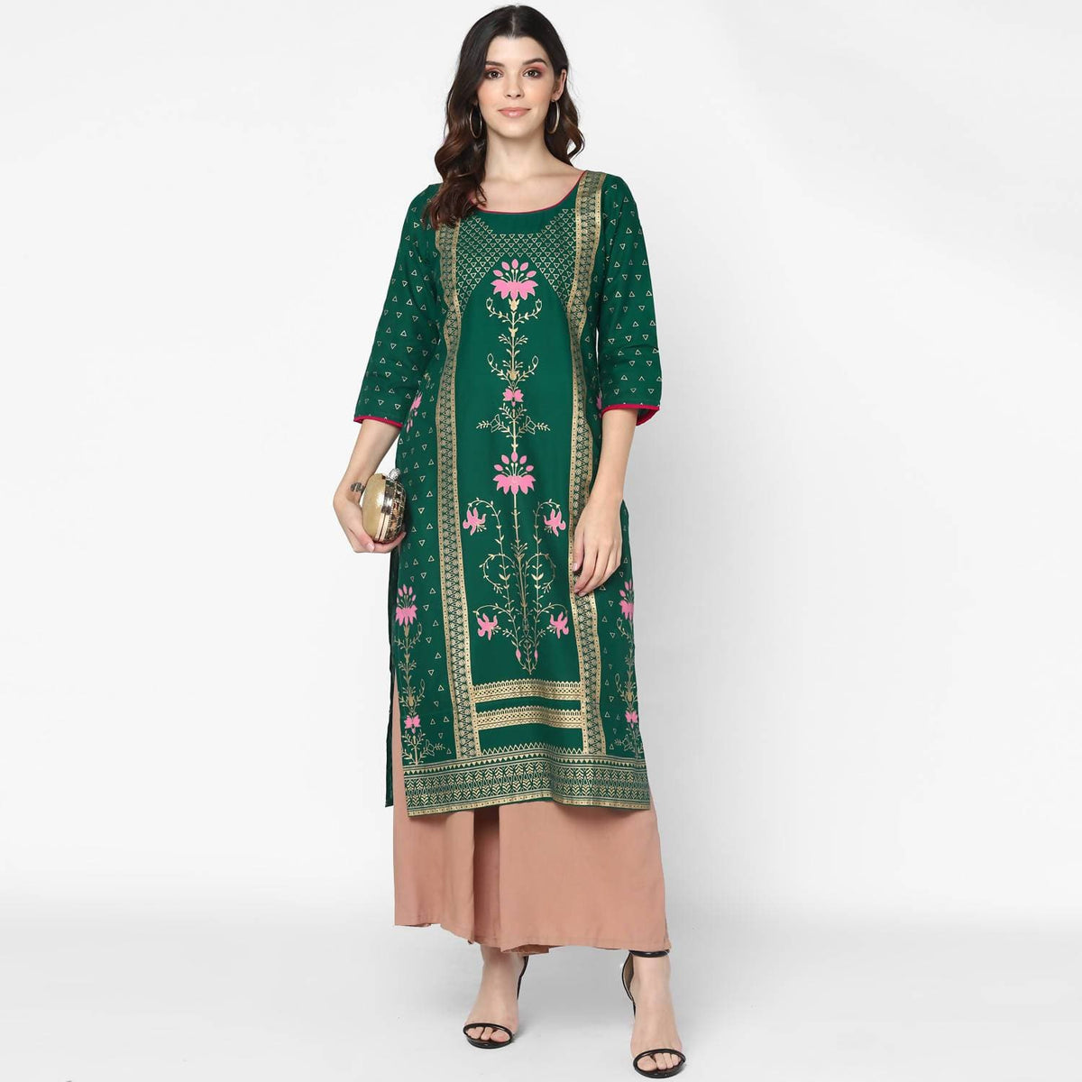 Cheera Hand Block Print Green & Skin Color Straight Kurta With Palazzo (MAAI-089K) | Grocsy