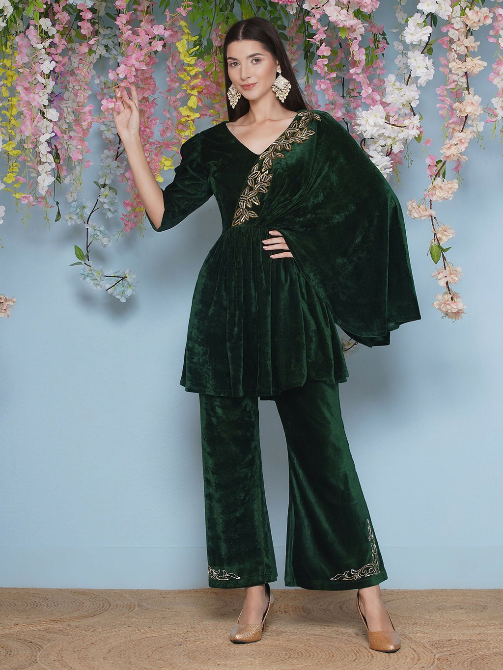 Joban Fashion Green Velvet Hand Embellished Set | Grocsy