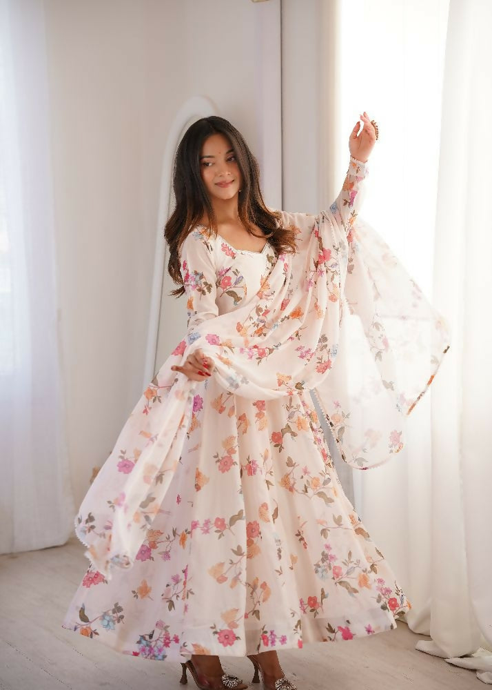 Teeya Creation Cream Faux Georgette Digital Print Party Wear Long Gown | Grocsy