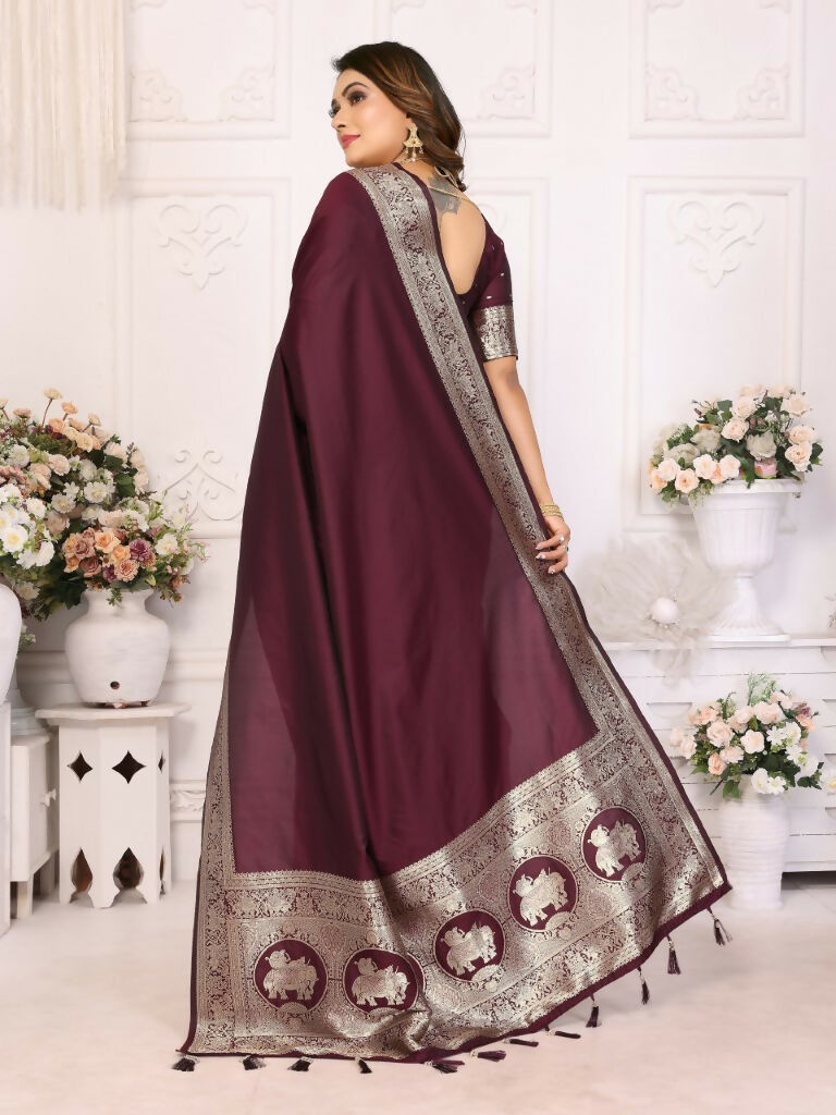 Anaita Dark Brown Banarasi Silk With Beautiful Gala Weaving Saree With Blouse | Grocsy