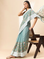 Blue Organza Floral Embroidered Saree with Unstitched Blouse Piece - Roozal | Grocsy