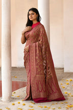 Joban Fashion Rouge Pink Crepe Chiffon Pure Handloom Banarasi Silk Saree | Grocsy