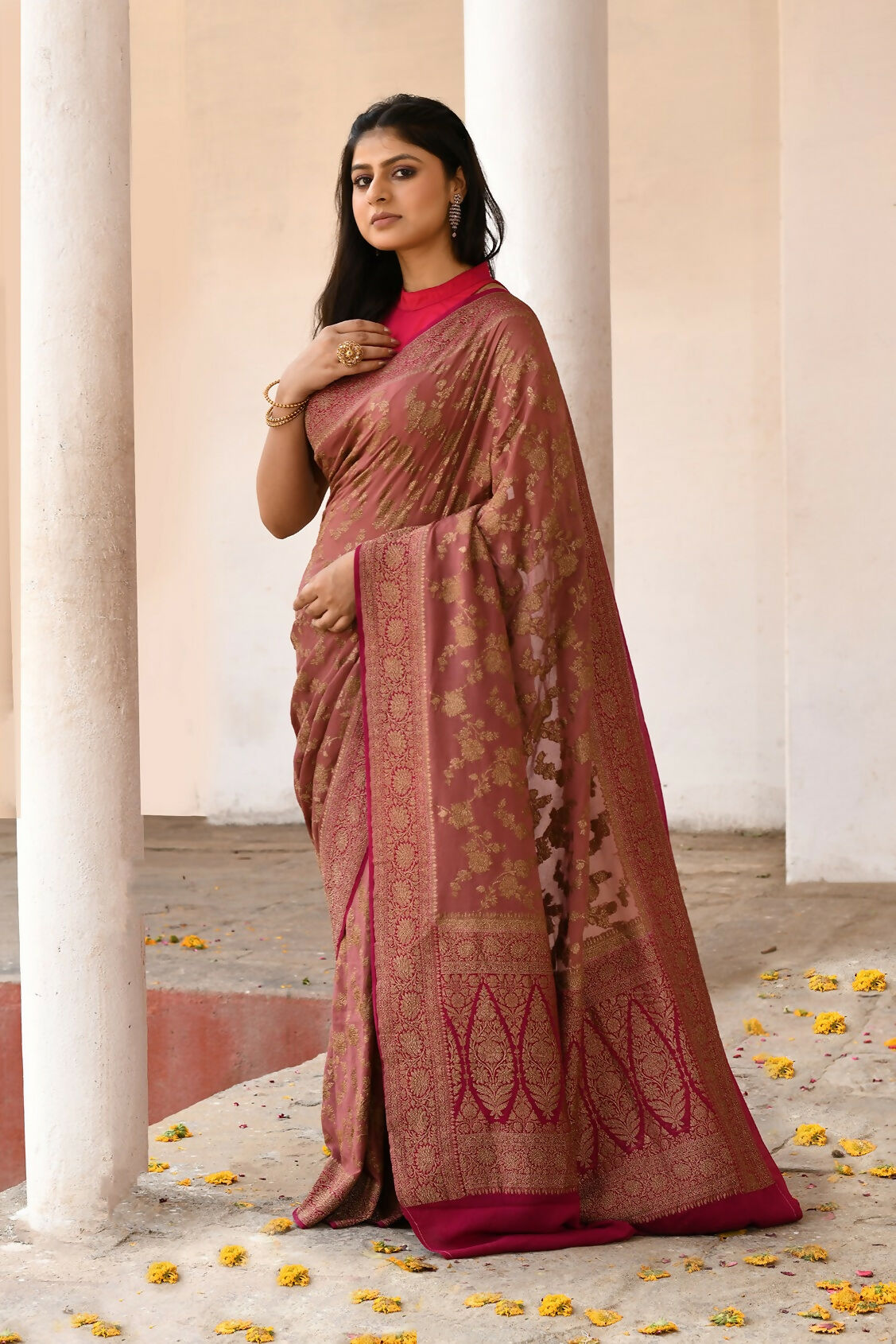 Joban Fashion Rouge Pink Crepe Chiffon Pure Handloom Banarasi Silk Saree | Grocsy