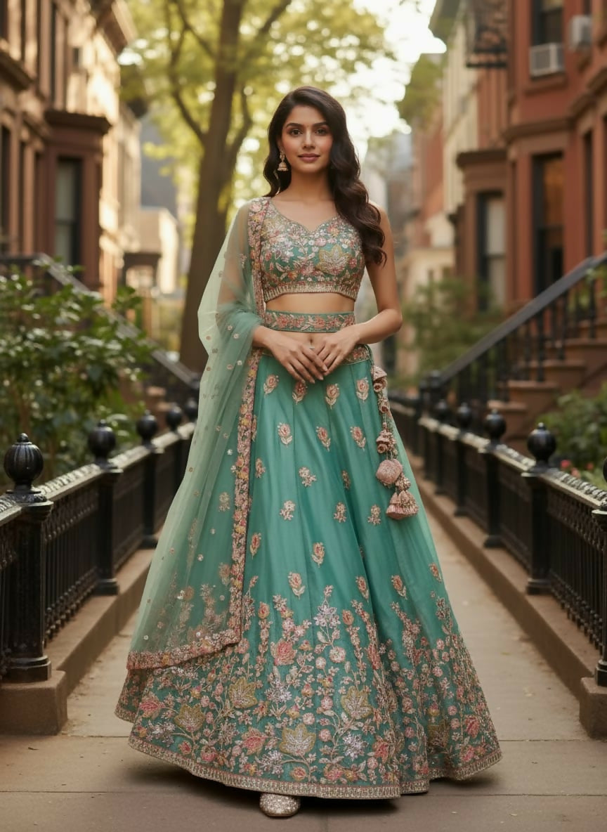 Lehenga Mart Designer Indian Wedding Lehenga Choli-Sky Green | Grocsy