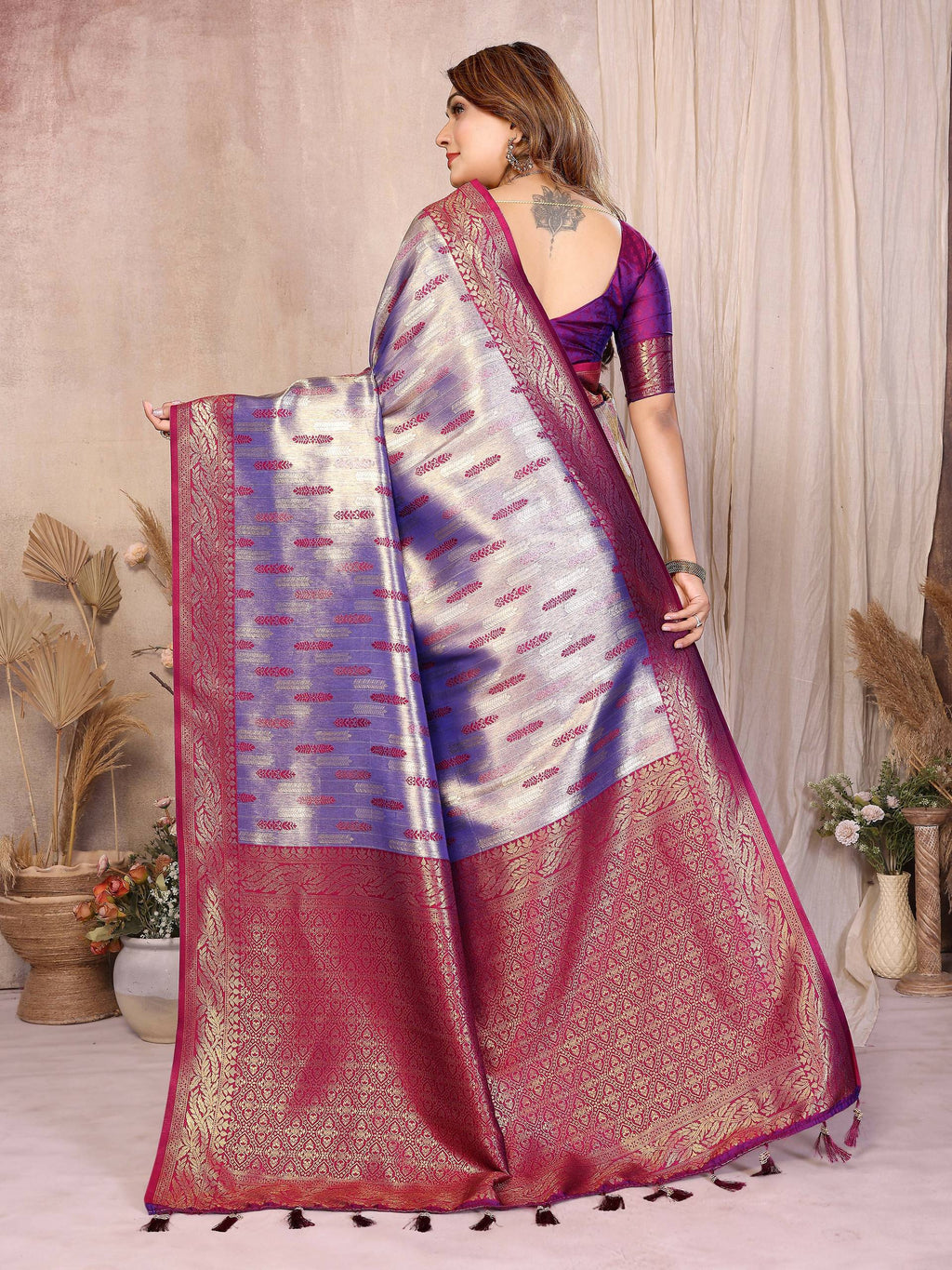 Aastha Fashion Purple Tissue Silk Paithani Woven Saree | Grocsy