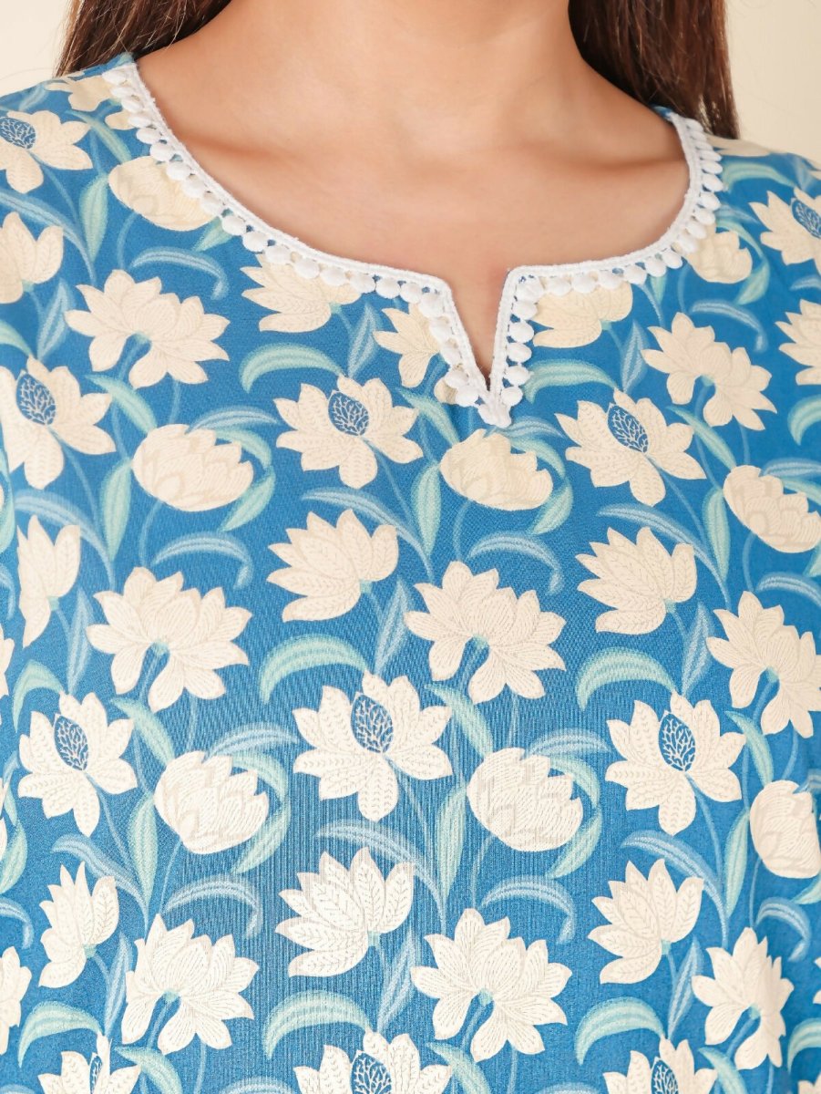Aramya Kaftan Soft Cotton Floral Print Women's Kurta - Blue | Grocsy