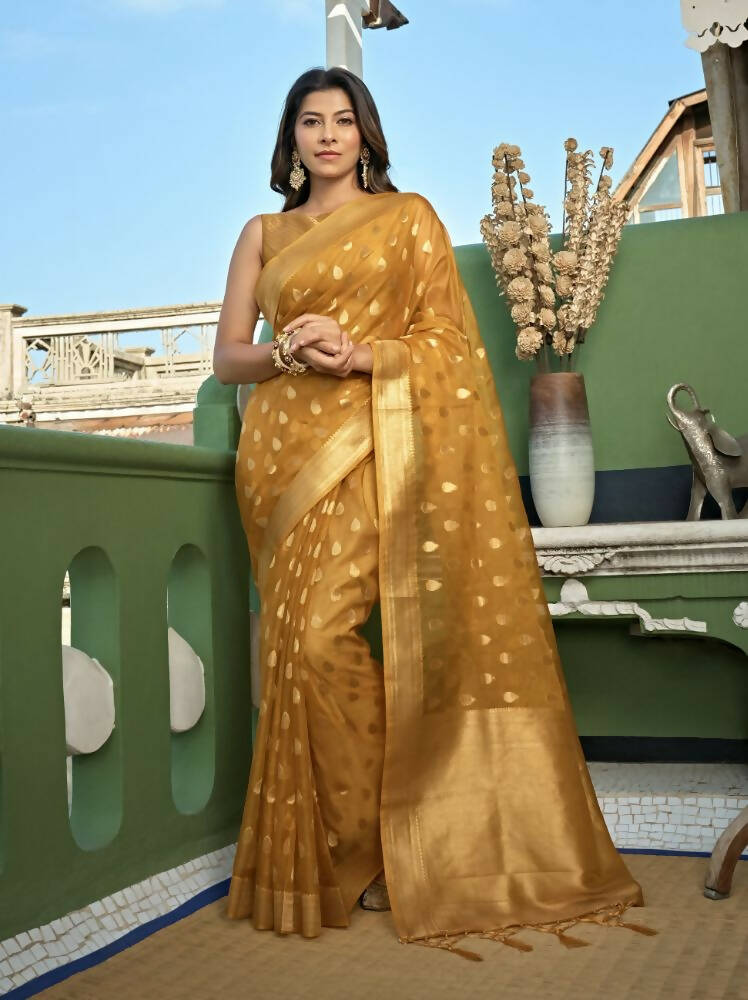 Delightful Designer Light Yellow Color Organza Silk Saree With Weaving Work - Yomika Fashions | Grocsy