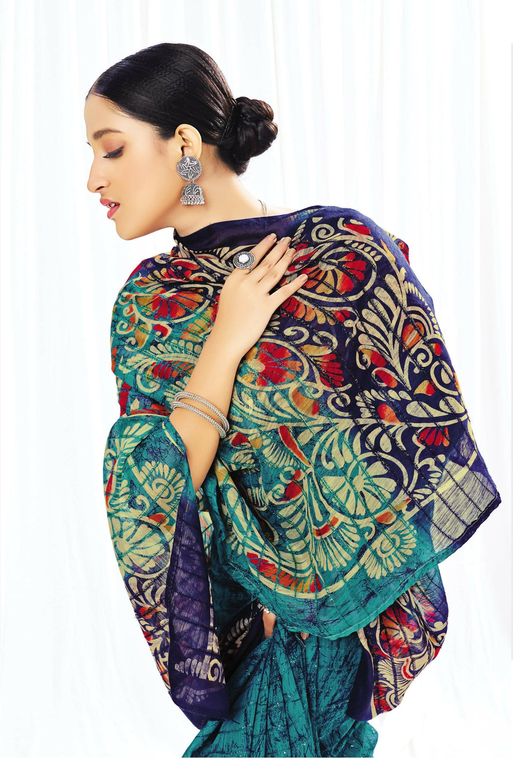 Blue Chanderi Cotton Floral Printed Saree With Unstitched Blouse Piece - Kathika | Grocsy