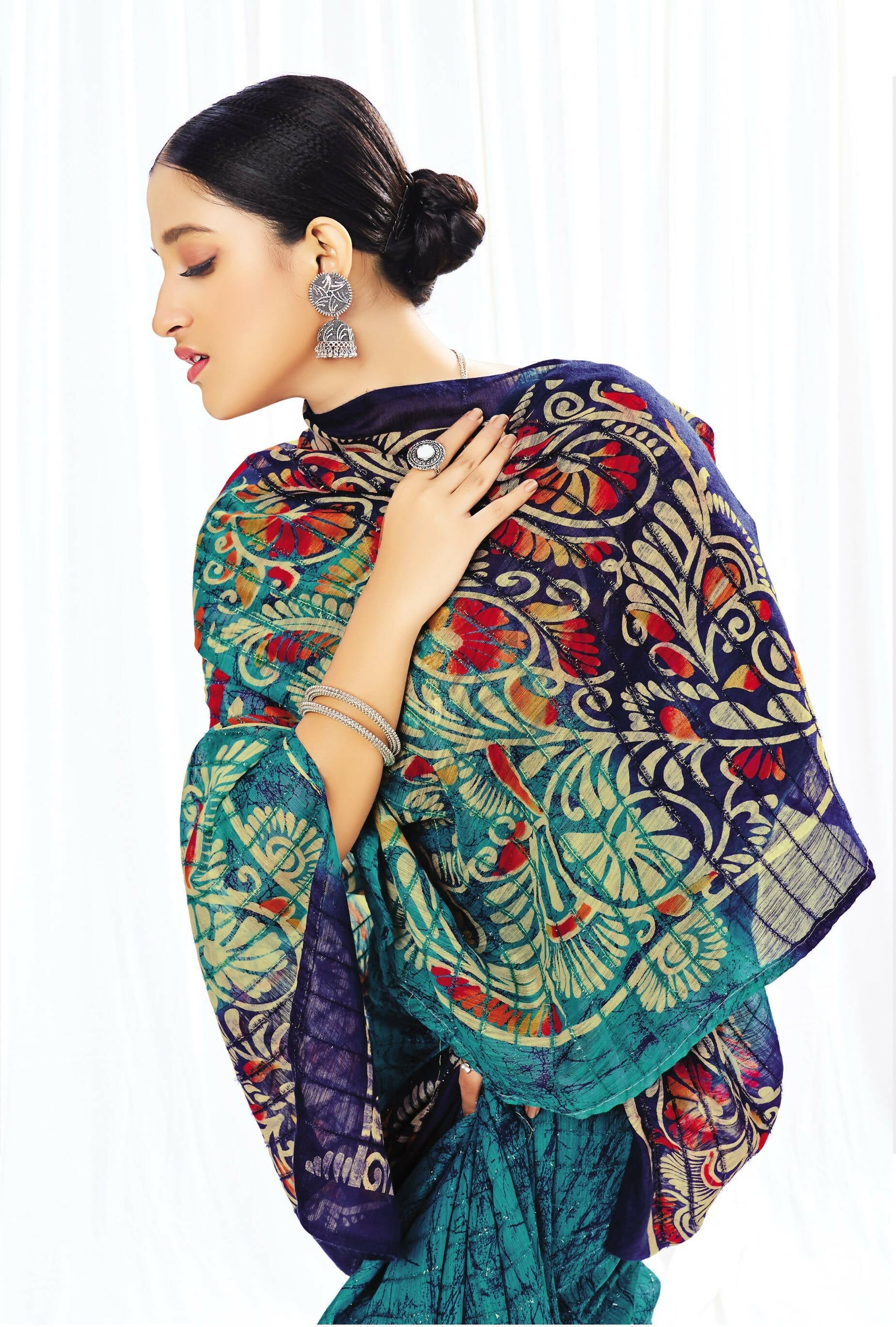 Blue Chanderi Cotton Floral Printed Saree With Unstitched Blouse Piece - Kathika | Grocsy