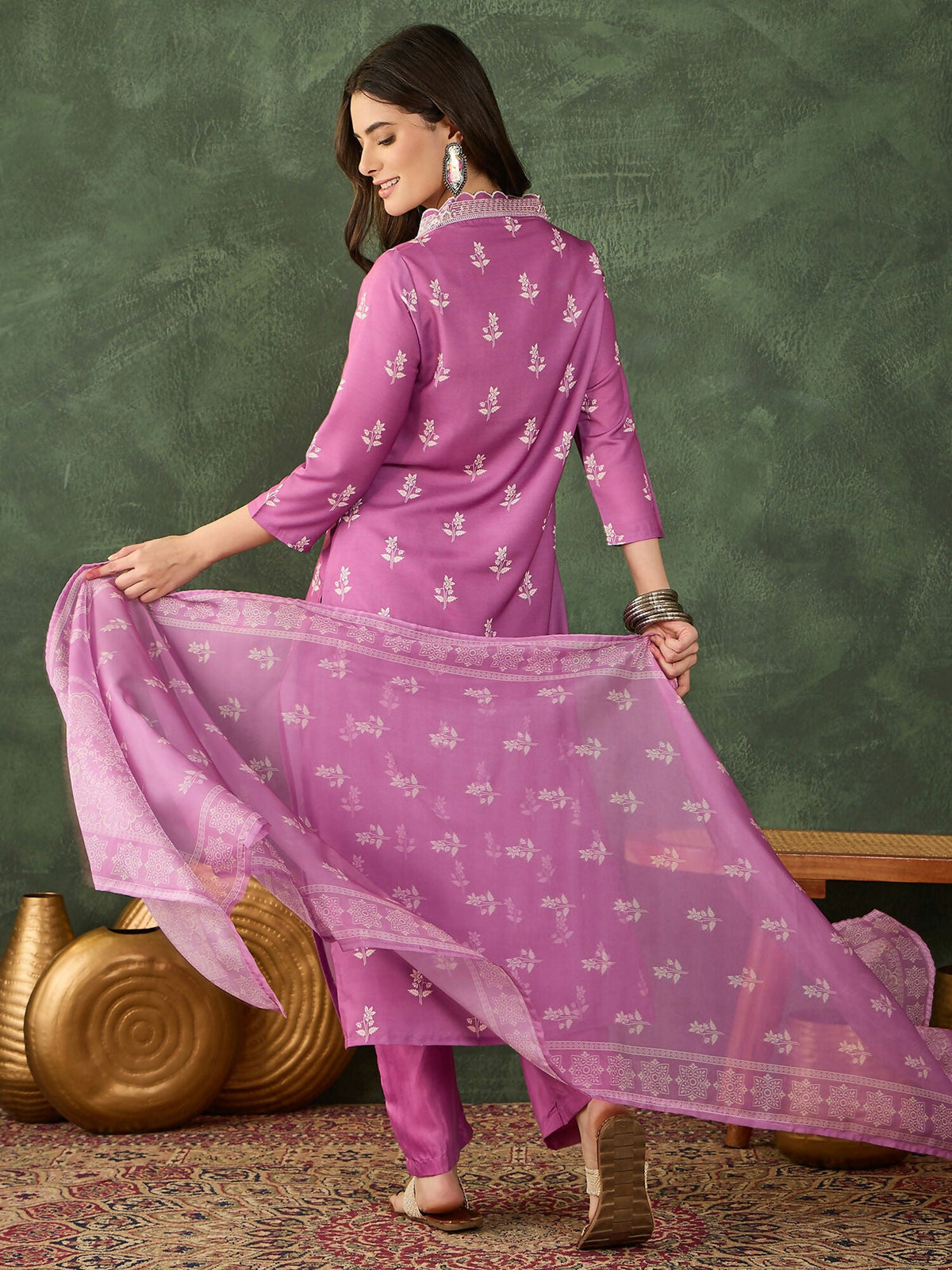 The52 Women's Gorgeous Rayon Fabric Printed Work Straight Kurta Pant and Dupatta Set-Onion | Grocsy