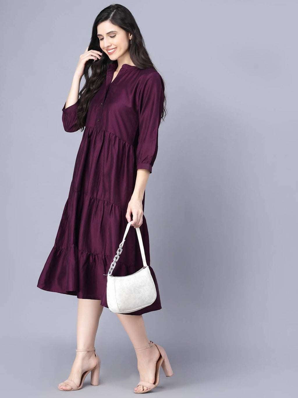 Myshka Silk Solid 3/4 Sleeve V Neck Purple Women Dress | Grocsy