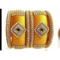 Yellow Color Silk Threaded with Diamond shape White Stone Bangles | Grocsy