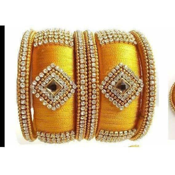 Yellow Color Silk Threaded with Diamond shape White Stone Bangles | Grocsy