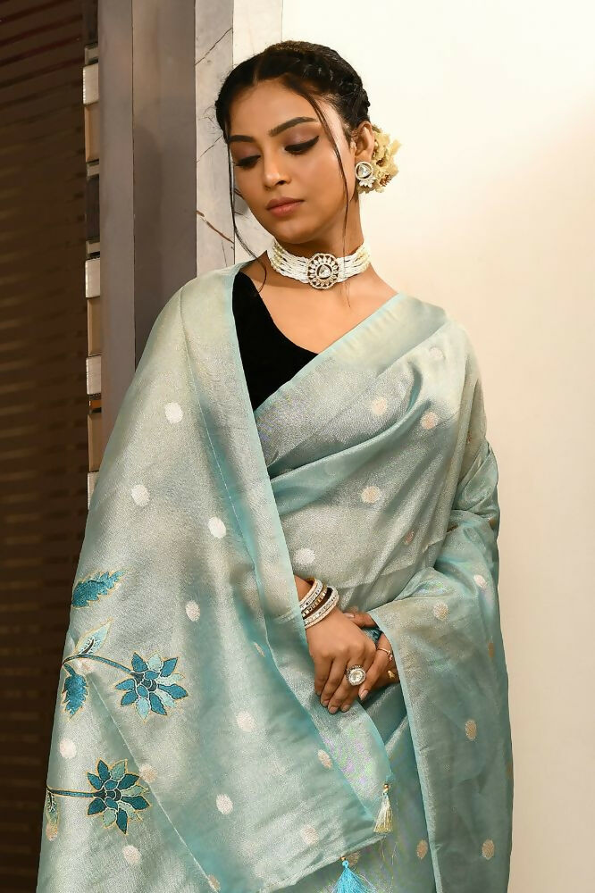 Joban Fashion Firozi Saree Tissue Zari Buti Anchal Applick With Contrast Blouse | Grocsy