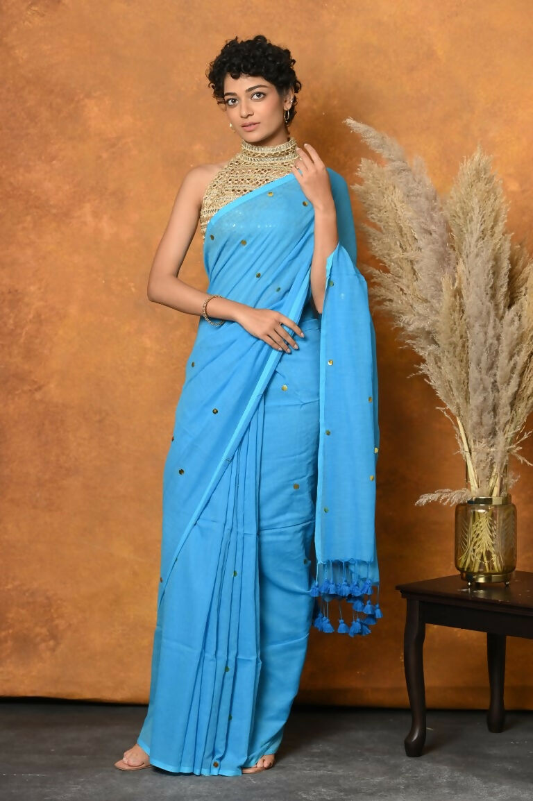 Very Much Indian Pure Mul Cotton Handloom Saree - Sky Blue | Grocsy