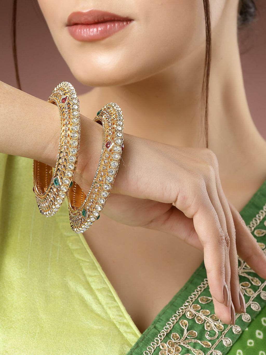 NVR Women's Set of 2 Gold-Polished Kundan Traditional Bangles