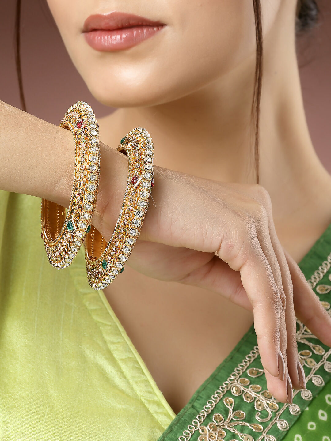 NVR Women's Set of 2 Gold-Polished Kundan Traditional Bangles