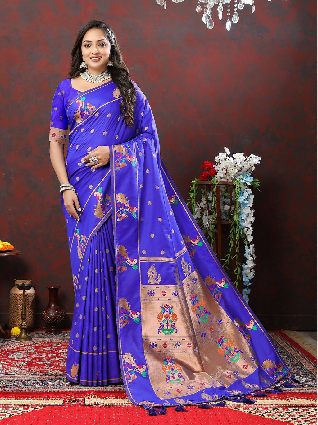 Lorenvalley Fashion Blue Soft Paithani Silk Woven Design Copper Zari Meenakari Weaving Saree | Grocsy
