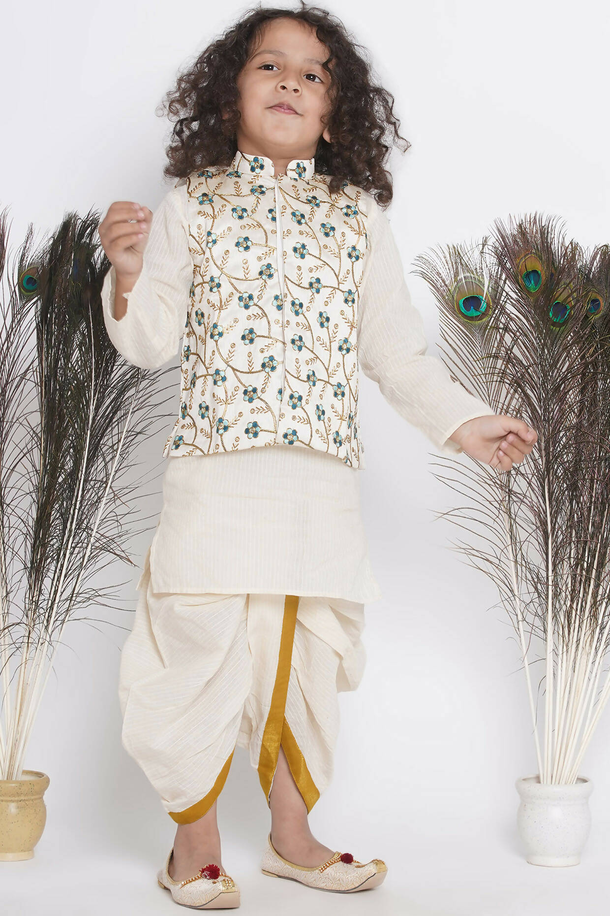 Little Bansi Banarsi Silk Blue Floral Embroidery Jacket With Cotton Kantha kurta And Kantha Dhoti - Cream | Grocsy